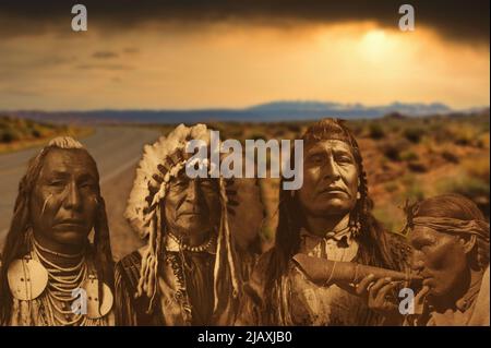 An image with some Indian chiefs with the desert background at dawn Stock Photo