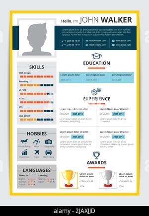 Cv template with male candidate education job experience awards and other information resume flat vector illustration Stock Vector