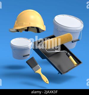 Set of flying safety helmet, bucket, tray with paint rollers and brushes for painting walls on blue background. 3d render of renovation apartment conc Stock Photo