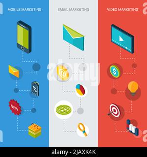 Mobile email video marketing vertical banners set with isometric elements isolated vector illustration Stock Vector