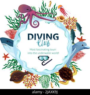 Diving club advertising with round decorative frame consisting of sea underwater inhabitants vawes and seaweed flat vector illustration Stock Vector