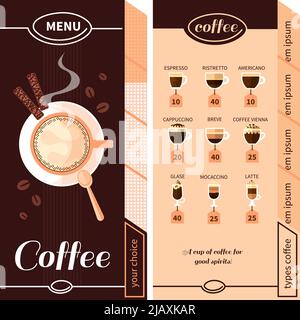 Coffee menu design for coffeehouse restaurant cafe or bar with names of coffee types plate and cigars flat vector illustration Stock Vector