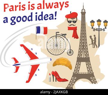 Paris decorative flat icons set with french flag map street actor eiffel tower red shoes vector illustration Stock Vector
