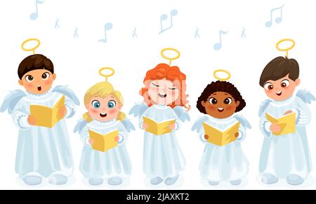 Little kids in angel costumes going Christmas caroling flat vector illustration Stock Vector