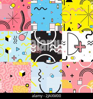 Set of colorful seamless patterns in memphis style with wavy lines and geometric figures isolated vector illustration Stock Vector