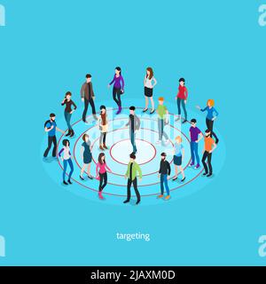 Targeting isometric template with people crowd on target and one person in center isolated vector illustration Stock Vector