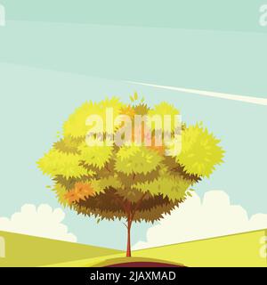 Autumn tree with root on field in sunny weather retro cartoon flat vector illustration Stock Vector