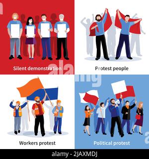 Silent demonstration and political protest people with placards megaphones and flags 2x2 icons set flat isolated vector illustration Stock Vector