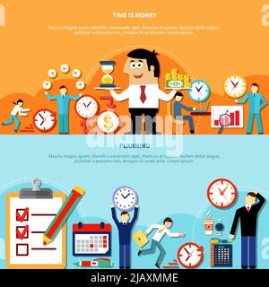 Two horizontal time management banners with flat human characters running clock and money signs with text vector illustration Stock Vector