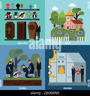 Colored and flat funeral services icon set with funeral agency cemetery crematorium descriptions vector illustration Stock Vector