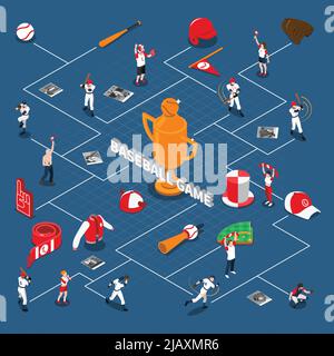 Baseball game isometric flowchart with players and fans with attributes sports equipment on blue background vector illustration Stock Vector