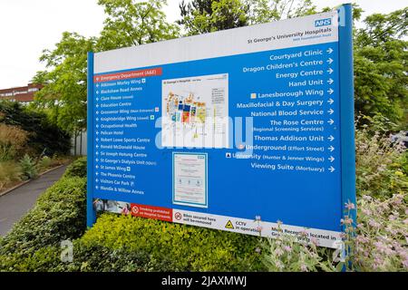 Hospital sign UK; outside St Georges Hospital, Tooting, London UK. A large London NHS Teaching Hospital Stock Photo