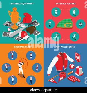 Baseball isometric concept with players and sports equipment game fans and their accessories isolated vector illustration Stock Vector
