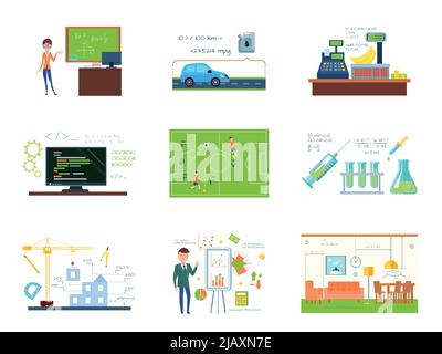 Mathematics conceptual compositions set with business building programming chemistry trading and other enterprises using mathematical calculations vec Stock Vector