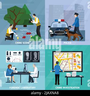 Crime investigation flat design concept with experts at murder scene forensic laboratory and police isolated vector illustration Stock Vector