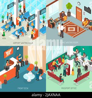 Set of isometric waiting areas in airport clinic and passport office near front desk isolated vector illustration Stock Vector