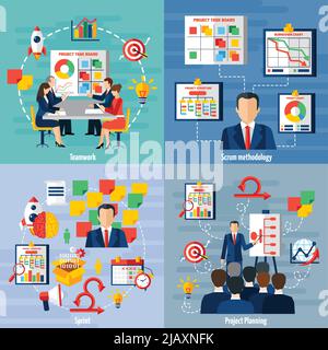 Scrum agile iterative flexible software development framework for teamwork 4 flat icons square composition abstract vector illustration Stock Vector