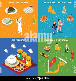 Vietnamese tea ceremony and landmarks for tourists 4 flat isometric icons square poster abstract isolated vector illustration Stock Vector