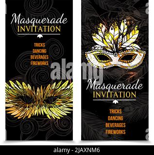 Vertical masquerade carnival invitation banners with colorful feather mask on dark backgrounds with feathers and patterns hand drawn isolated vector i Stock Vector