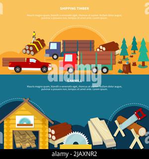 Two different flat and colored lumberjack banner set with shipping timber and sawmill headlines vector illustration Stock Vector