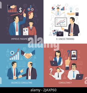 Business management skills training and consulting services concept 4 flat icons square design abstract isolated vector illustration Stock Vector