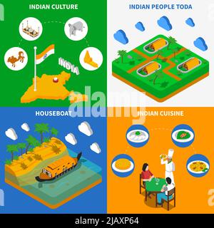 Indian culture cuisine houseboat and toda tribe settlement 4 isometric icons square poster abstract isolated vector illustration Stock Vector