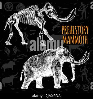 Sketch hand drawn mammoth and its skeleton chalkboard on dark background with rock paintings isolated vector illustration Stock Vector