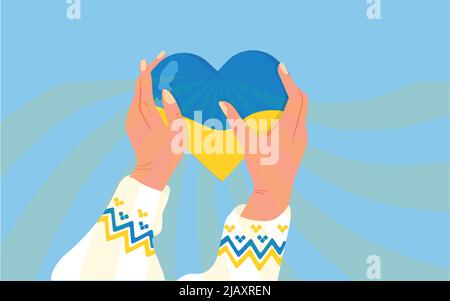 Flag in the form of a heart in the hands of Ukrainian women.Love and care for Ukraine Stock Vector