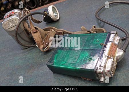 NCB mining lamp and safety belt equipment, colliery lamproom , Blaenavon, Torfaen, Wales, UK Stock Photo