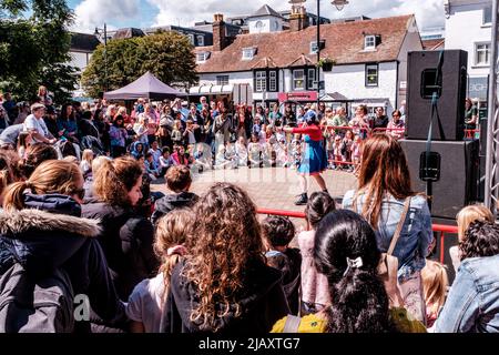 Epsom Surrey, London UK, June 01 2022, Crowds Of Happy People Celebrating Britsh Queen Elizabeths Platinum Jubilee Stock Photo