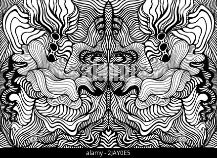 Kaleidoscope coloring page with many curly waves pattern. Black and white mandala creative abstract background. Psychedelic stylish texture. Stock Vector