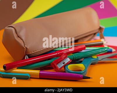 Pencil case and various writing and handicraft utensils Stock Photo