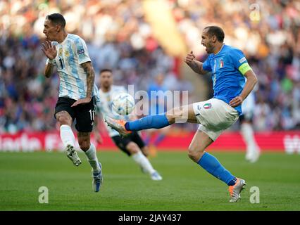Italy’s Giorgio Chiellini in action with Argentina’s Angel Di María during the Finalissima 2022 match at Wembley Stadium, London. Picture date: Wednesday June 1, 2022. Stock Photo