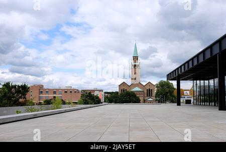 Berlin, Germany, May 30, 2022, view from the terrace of the Neue Nationalgalerie to St. Matthew's Church in Tiergarten, Stock Photo