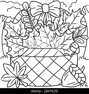 Thanksgiving Basket With Autumn Leaves Coloring  Stock Vector