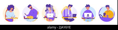 Flat character office workers. Stay home concept. Digital communication. Stock Vector