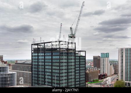 An elevated view of One Centenary Way, seen here under construction and forming part of the Paradise Development in Birmingham City Centre, UK. Stock Photo