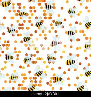 Seamless pattern with bees on white honeycomb background. Small wasp. Vector illustration. Adorable cartoon character. Template design for invitation Stock Vector