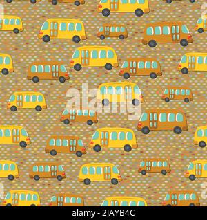 Seamless pattern with cute bus, car on color background. Cartoot transport. Vector illustration. Doodle style. Design for baby print, invitation Stock Vector