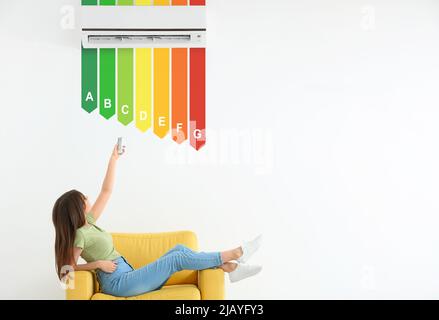 Young woman switching on modern air conditioner in room. Concept of smart home Stock Photo