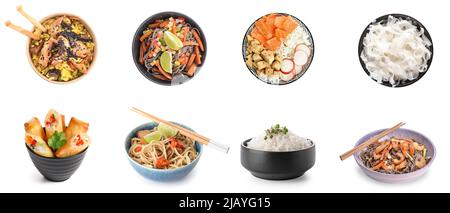 Set of bowls with tasty Chinese food on white background Stock Photo