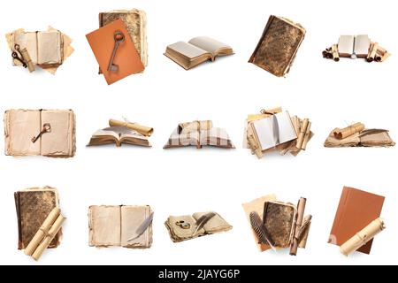 Set of many old books and scrolls isolated on white Stock Photo