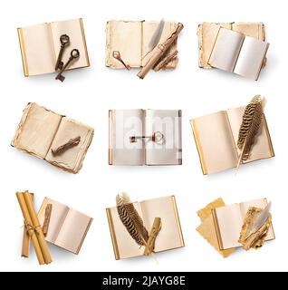 Set of many old books and scrolls isolated on white, top view Stock Photo