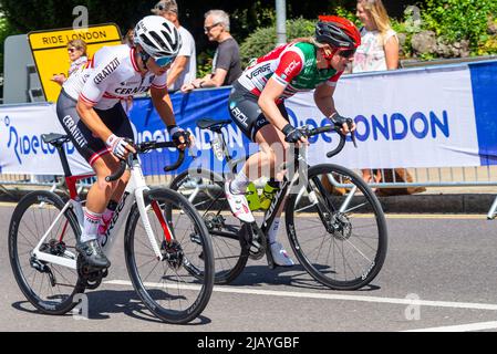 Kathrin Schweinberger of Ceratizit WNT Pro Cycling and Georgia Whitehouse of IBCT at the RideLondon Classique cycle race stage 1, at Maldon, Essex, UK Stock Photo