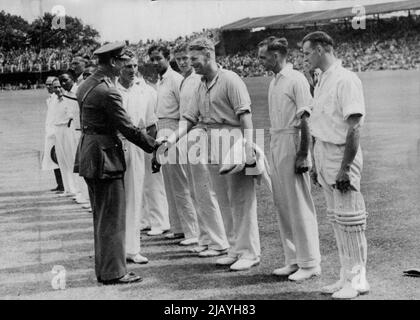 England V. Dominions at Lords -- Umpire F/O C.S. Dempster, NZ; L.N. Constantine, West Indies; Cadet-Officer D. Morkel, South Africa; E.A. Martindale, West Indies; F/O Carmody, Australia (captain);The Duke of Gloucester, C.B. Clarke, West Indies; Sgt. K. Miller, Australia; F/O A.W. Roper, Australia; Sgt. J. Workman, Australia; and F/O S. Sismey, Australia. England won narrowly. September 2, 1943. (Photo by Sport & General Press Agency Ltd.).