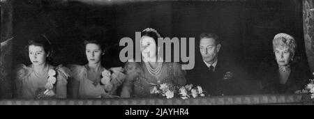 Royal Family Attend The Reopening of The Royal Opera House, Covent Garden -- Left to right - Princess Elizabeth; Princess Margaret; H.M. the Queen; H.M. the King; and Queen Mary in the Royal box at the Royal Opera House, Covent Garden, London, during the opening performance of the season. A brilliant audience greeted the reopening of the Royal Opera House, Covent Garden, when the Sadler's Wells ballet company performed the Tchaikovsky ballet,' The sleeping Beauty'. Their Majesties the King and Queen, were present, accompanied by Queen Mary, Princess Elizabeth and Princess Margaret. The audienc Stock Photo