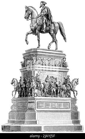 Equestrian statue of Frederick the Great of Unter den Linden in Berlin by a German sculptor Chr. Dan. Rauch. Publication of the book 'Meyers Konversations-Lexikon', Volume 2, Leipzig, Germany, 1910 Stock Photo