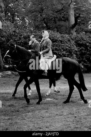 Members of the Royal Family again attend the European Horse Trails - H.M.H. Princess Margaret and the Duke of Edinburgh riding together during their visit to the European Horse Trials at Windsor Great Park (2nd day). H.M. the Queen, Princess Margaret and the Queen Mother again attended the European Horse Trials, which are being held in the Windsor Great park. May 19, 1955. (Photo by Fox Photos). Stock Photo