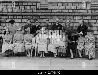 Christening Of The Duke And Duchess Of Kent's Baby. A photograph taken at the christening of the infant Prince George of Kent. Front row. Princess Elizabeth, Lady Patricia Ramsay, The Queen, Prince Edward, Queen Mary, Princess Alexandra, Duchess of Kent and the infant Prince, the Dowager Marchioness of Milford Haven, the Crown Princess Martha of Norway, Princess Margaret, and Princess Helena Victoria. Princess Marie Louise, Prince Bernhard of the Netherlands, the King, the Duke of Kent, King Haakon of Norway, King George of the Hellenes and Prince Olaf of Norway. August 05, 1942. (Photo by Spo