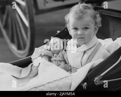 Prince Edward and Princess Alexandra, children of The Duke and Duchess of Kent, were taken out to get the benifit of a nice spring morning, in Belgrave Square. Princess Alexandra in her Pram in Belgrave Square, this morning. February 03, 1938. (Photo by Sport & General Press Agency Limited) Stock Photo